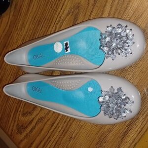Oka washable gray silver ballet rain flats with gems stones